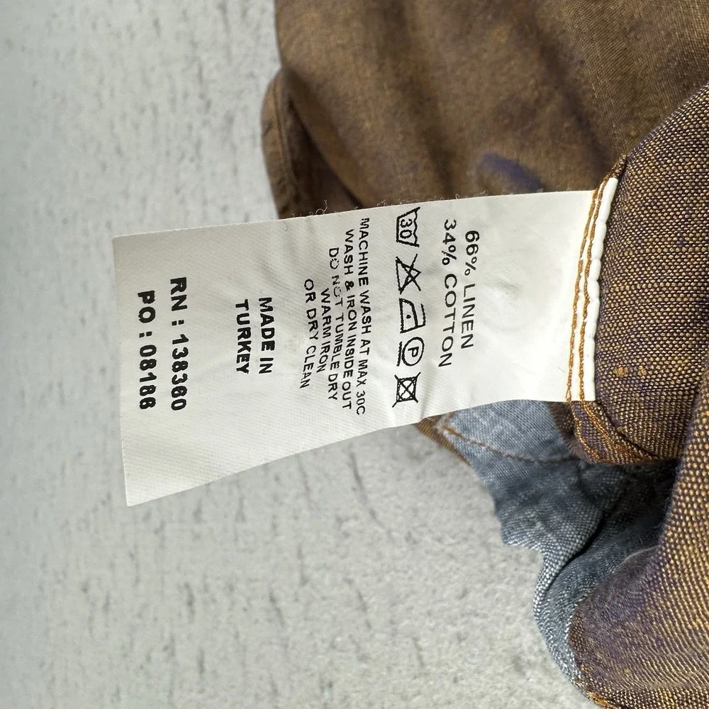 32 Bar Blue Button Up Shirt Men's Medium Metallic Copper Bronze Cotton Linen - Picture 10 of 16